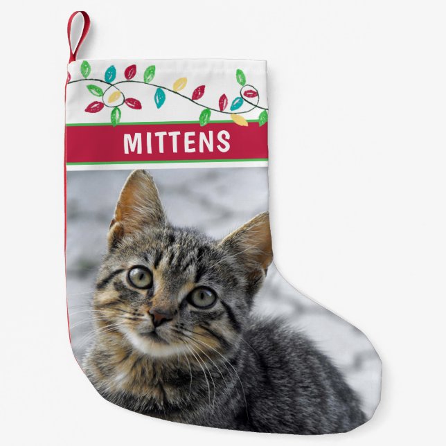 Cat Photo Watercolor Holiday Lights Small Christmas Stocking (Front)