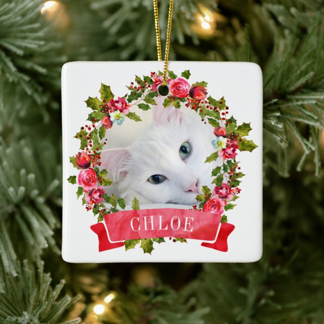Cat Photo Watercolor Wreath Ceramic Ornament (Tree)