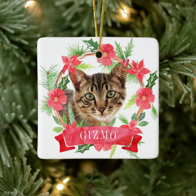Cat Photo Watercolor Wreath Ceramic Ornament (Tree)