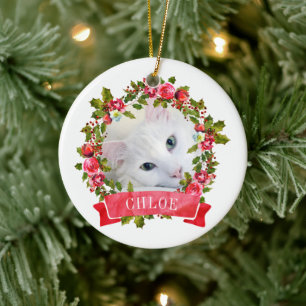 Cat Photo Watercolor Wreath Ceramic Tree Decoration