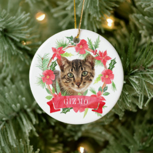 Cat Photo Watercolor Wreath Ceramic Tree Decoration