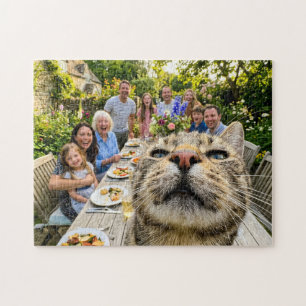 Cat Photobombs Family Garden Dinner Jigsaw Puzzle