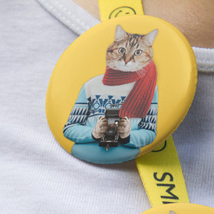 Cat Photographer in Vintage Sweater Quirky 6 Cm Round Badge
