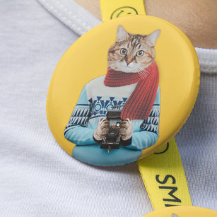 Cat Photographer in Vintage Sweater Quirky 6 Cm Round Badge