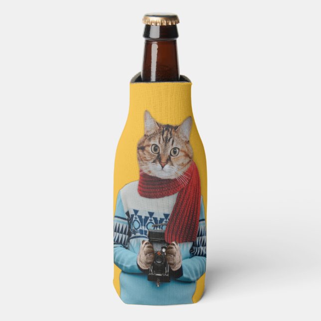 Cat Photographer in Vintage Sweater Quirky Bottle Cooler (Bottle Front)