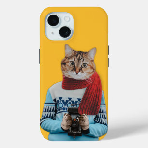 Cat Photographer in Vintage Sweater Quirky iPhone 15 Case