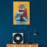 Cat Photographer in Vintage Sweater Quirky Poster<br><div class="desc">Add some colour to your wall with this quirky poster. It features a cat photographer photo collage of a tabby cat dressed in a retro sweater and holding a vintage camera set against a bright yellow brick wall.</div>