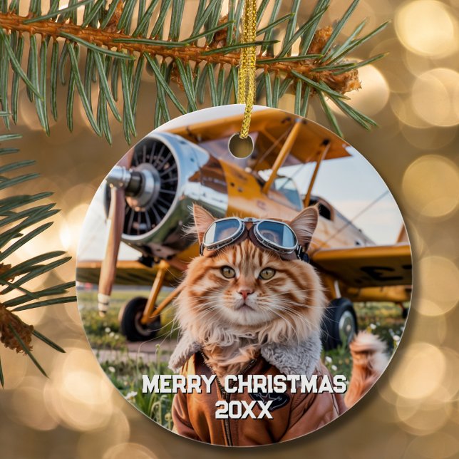 Cat Pilot Aeroplane Funny Aviation Photo Christmas Ceramic Tree Decoration (Creator Uploaded)