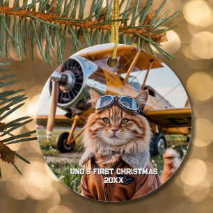 Cat Pilot Aeroplane Funny Aviation Photo Christmas Ceramic Tree Decoration