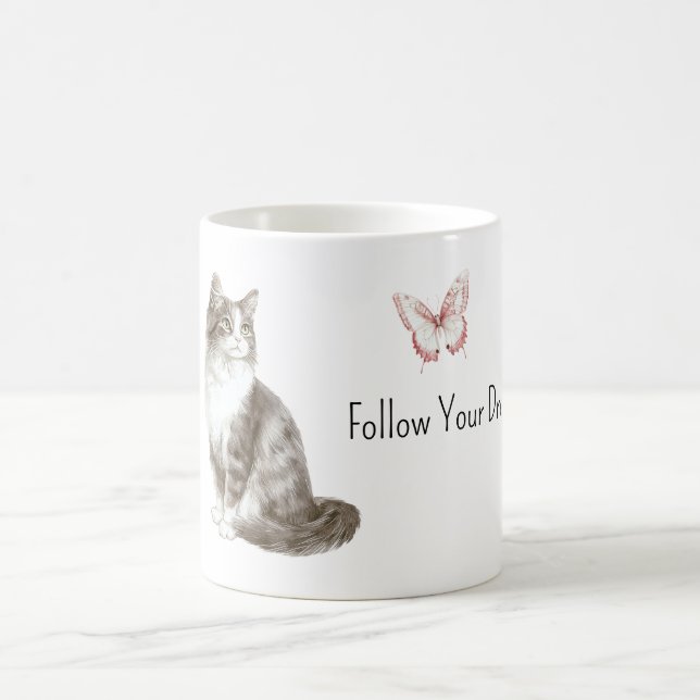 Cat Pink Butterfly Dreams Coffee Mug (Center)