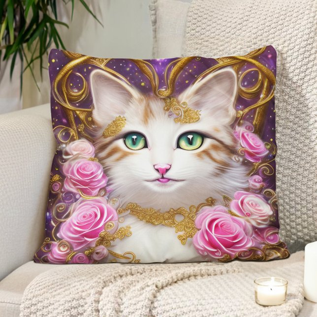 Cat Pink Gold Roses Painting Cushion (Cute cat, pink roses, gold, and purple pillow)