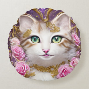 Cat Pink Gold Roses Painting Round Cushion