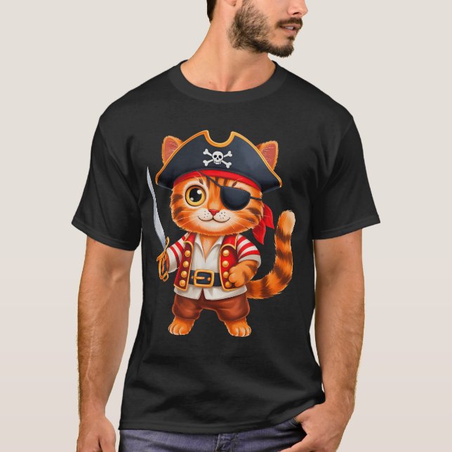 Cat Pirate Boys Girls Kids Skull Halloween Costume T-Shirt (Front)