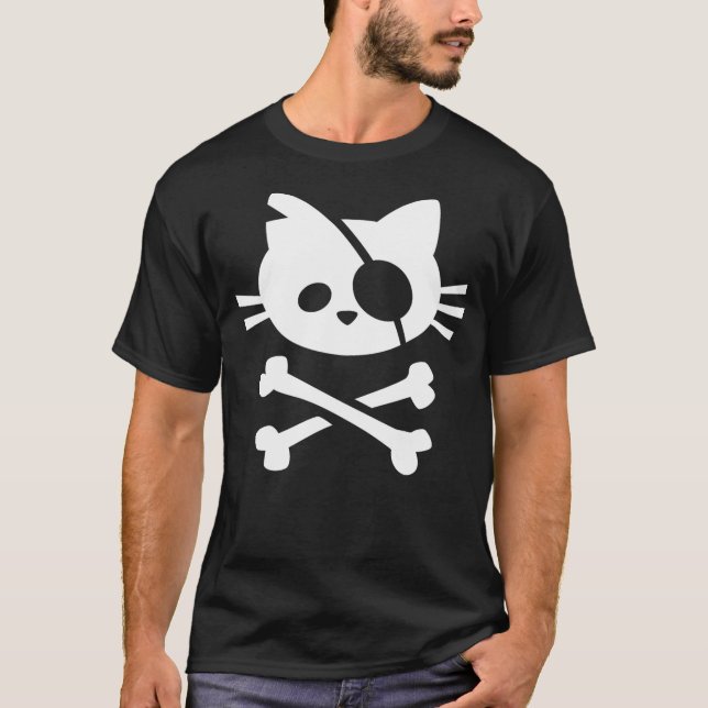 Cat Pirate Jolly Roger Flag Skull and Crossbones T T-Shirt (Front)