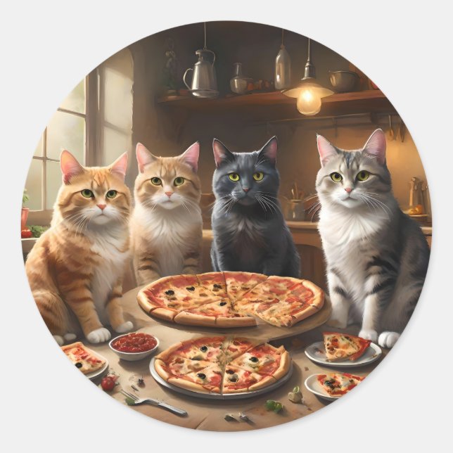 Cat Pizza Night, Classic Round Sticker (Front)