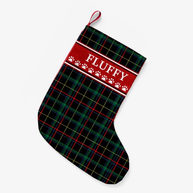 Cat Plaid Red Banner Name White Paw Prints Small Christmas Stocking (Front (Hanging))