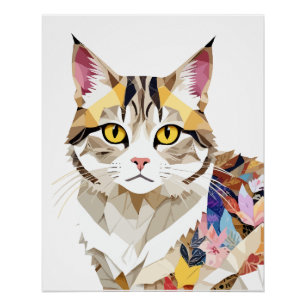 Cat Playful Adorable Fun Animal Colourful Geometri Poster