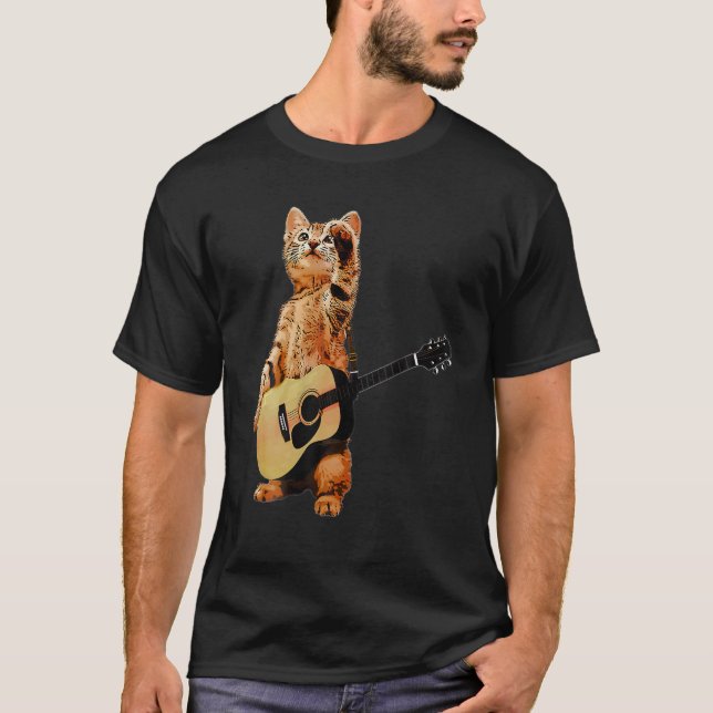 Cat Playing Acoustic Guitar Cool Musician Guitaris T-Shirt (Front)