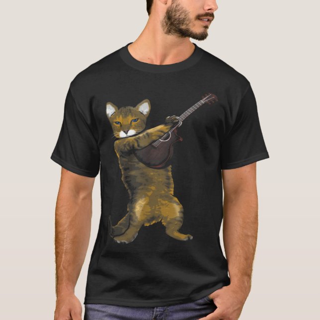 Cat Playing Acoustic Guitar Musician T-Shirt (Front)