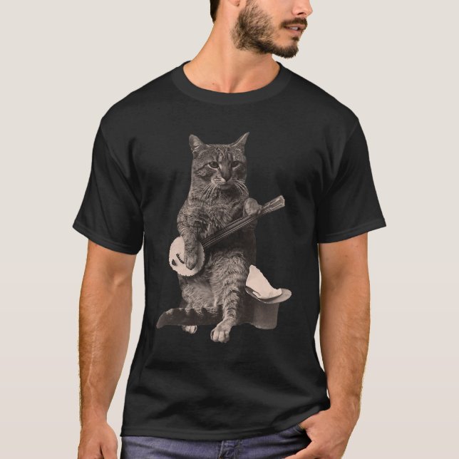 Cat Playing Banjo Guitar Short Sleeve T-Shirt (Front)