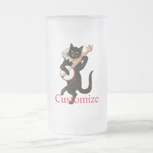 Cat playing Banjo Thunder_Cove Frosted Glass Beer Mug (Center)