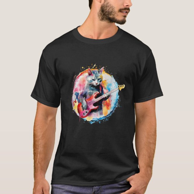 Cat Playing Bass Guitar Watercolor Graphic Design  T-Shirt (Front)