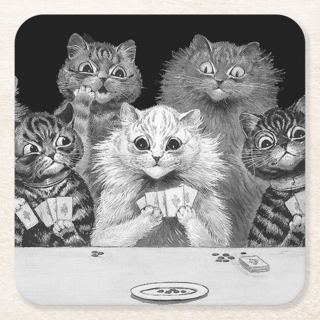 Cat Playing Card, Louis Wain Square Paper Coaster (Front)