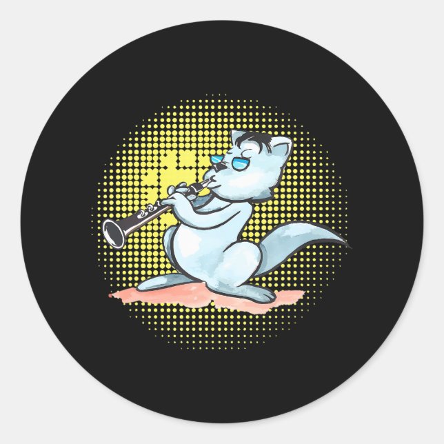 Cat Playing Clarinet Cool Musician Marching Band Classic Round Sticker (Front)