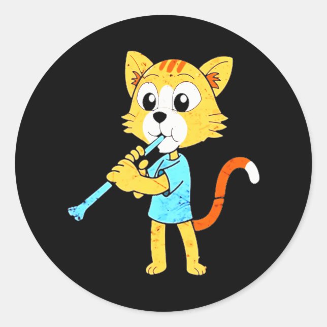 Cat Playing Clarinet Funny Musician Classic Round Sticker (Front)