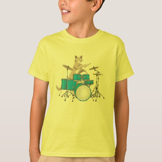 Cat Playing Drums, Blue - Drummer T-shirt (Front)