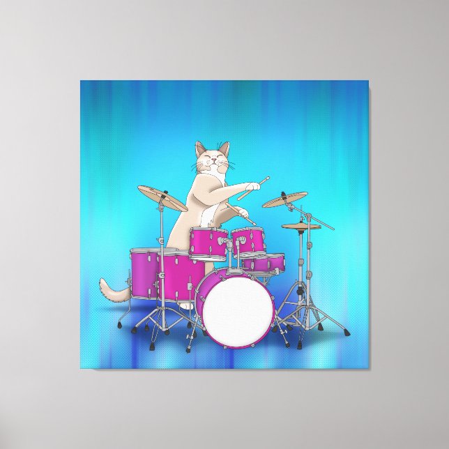 Cat Playing Drums - Blue Wrapped Canvas (Front)