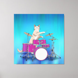 Cat Playing Drums - Blue Wrapped Canvas