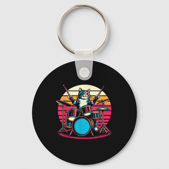 Cat Playing Drums Drummer Novelty Music Lover Funn Key Ring (Front)