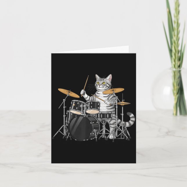 Cat Playing Drums Drumset Drumkit Drumming Drum Dr Card (Front)
