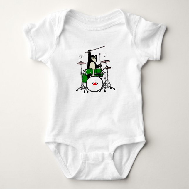 Cat Playing Drums, Funny Cat Playing Drums Baby Bodysuit (Front)