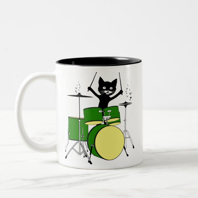 Cat Playing Drums, Funny Cat Playing Drums Two-Tone Coffee Mug (Left)