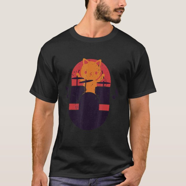 Cat Playing Drums Funny Drum Kit Drummer Gift T-Shirt (Front)