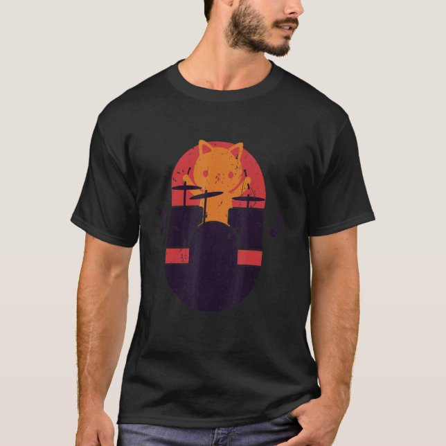 Cat Playing Drums Funny Drum Kit Drummer Gift T-Shirt (Front)