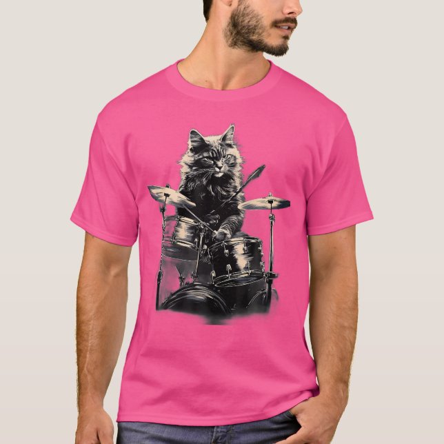 Cat Playing Drums I Cat Music T-Shirt (Front)