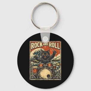 Cat Playing Drums Rock On Vintage Rock Drummer Cat Key Ring