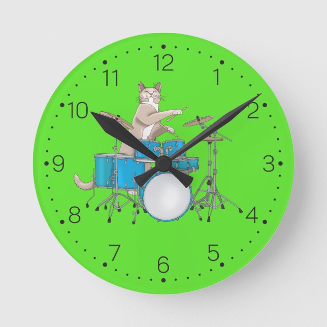 Cat Playing Drums - Wall Clock With Numbers (Front)