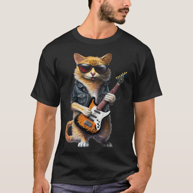 Cat Playing Electric Guitar  Animal Cat  Guitar T-Shirt (Front)