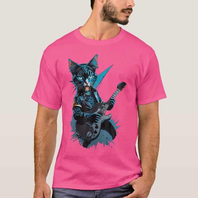 Cat Playing Electric Guitar Heavy Metal Rock Cat L T-Shirt (Front)