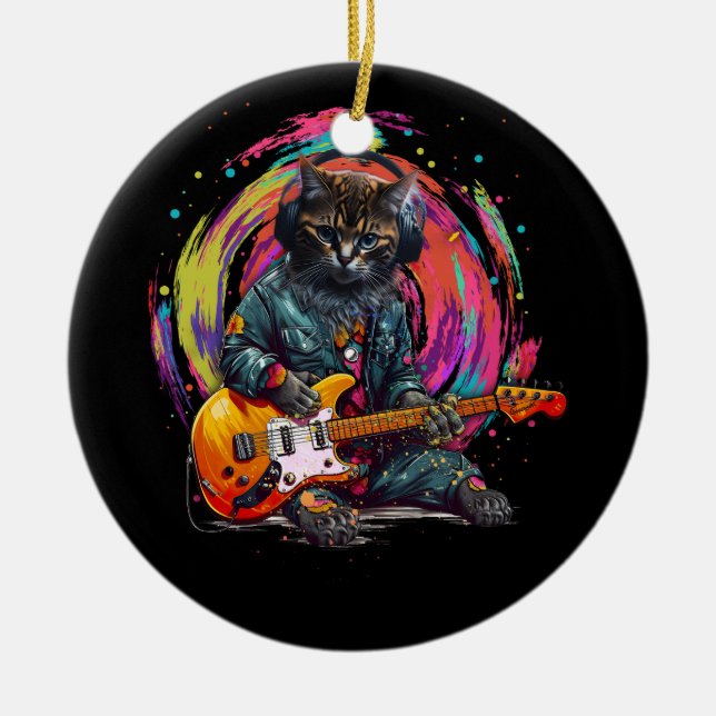 Cat Playing Electric Guitar Rock Heavy Metal Music Ceramic Tree Decoration (Front)