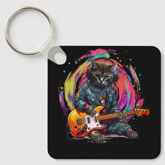 Cat Playing Electric Guitar Rock Heavy Metal Music Key Ring (Front)