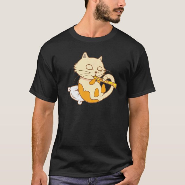 Cat Playing Flute Cool Wind Instrument T-Shirt (Front)