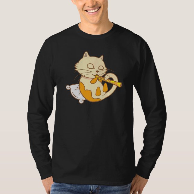 Cat Playing Flute Cool Wind Instrument T-Shirt (Front)