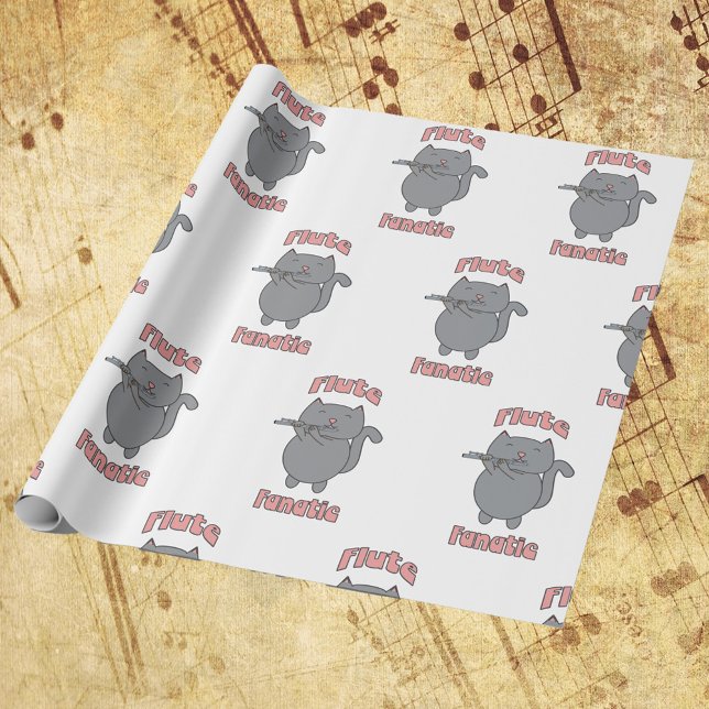 Cat Playing Flute Fanatic Funny Music Lover Wrapping Paper (Wrapping paper featuring a gray cat playing the flute and the words flute fanatic.)