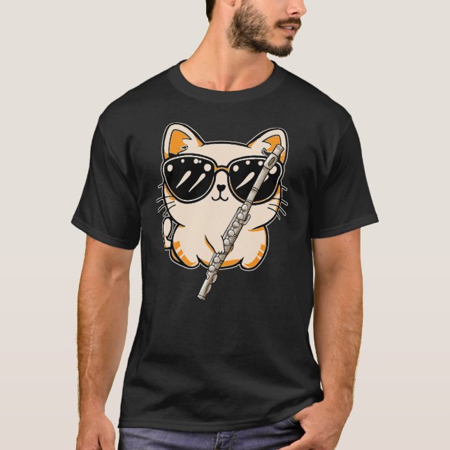 Cat Playing Flute Music Playing Lover Expert Music T-Shirt (Front)