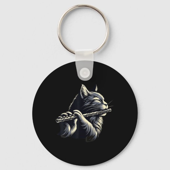 Cat Playing Flute Musician Cats Lover  Key Ring (Front)